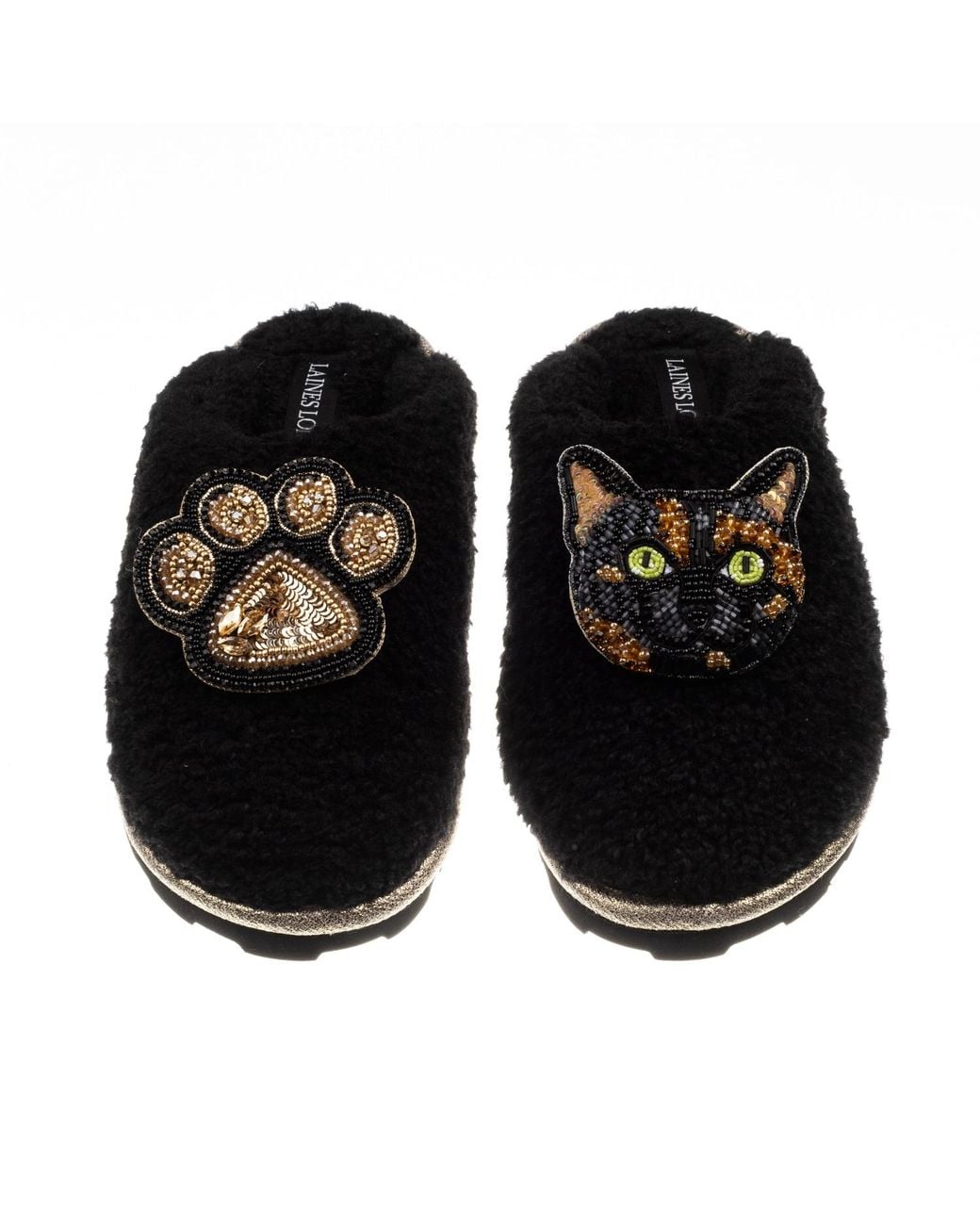 Laines London Black Teddy Closed Toe Slippers With Misty Cat & Paw Brooches