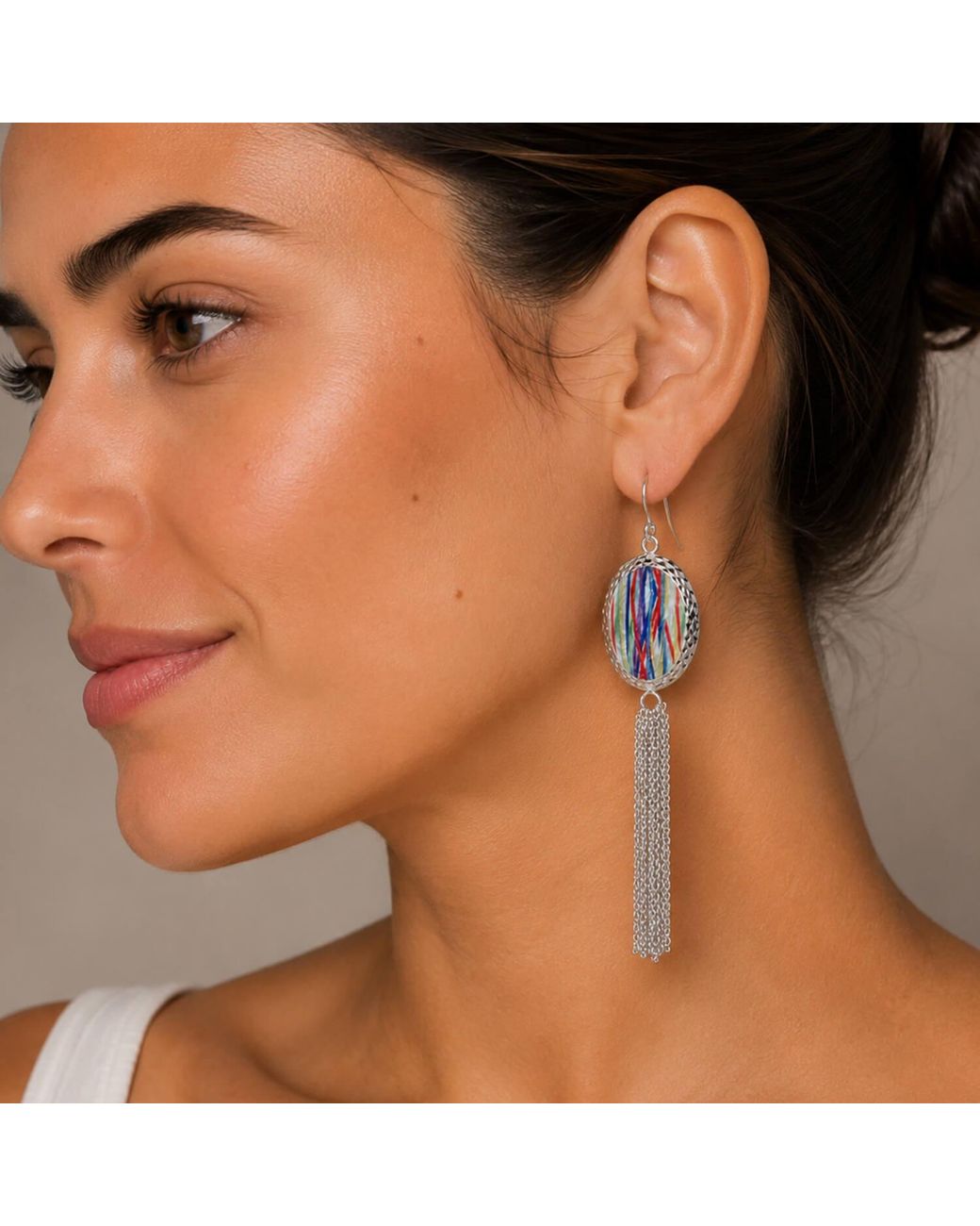 Gold & Honey Black Oval Tie Dye Printed Tassel Earrings