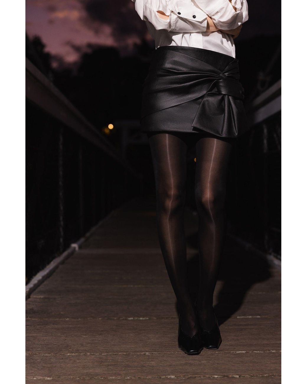 Lendrop Studios Black Yoko Bow Drape Leather Mini Skirt