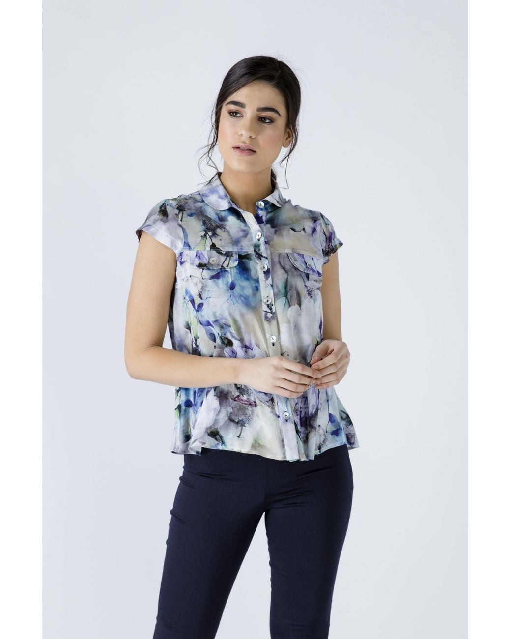 Conquista Blue Floral Cap Sleeve Shirt