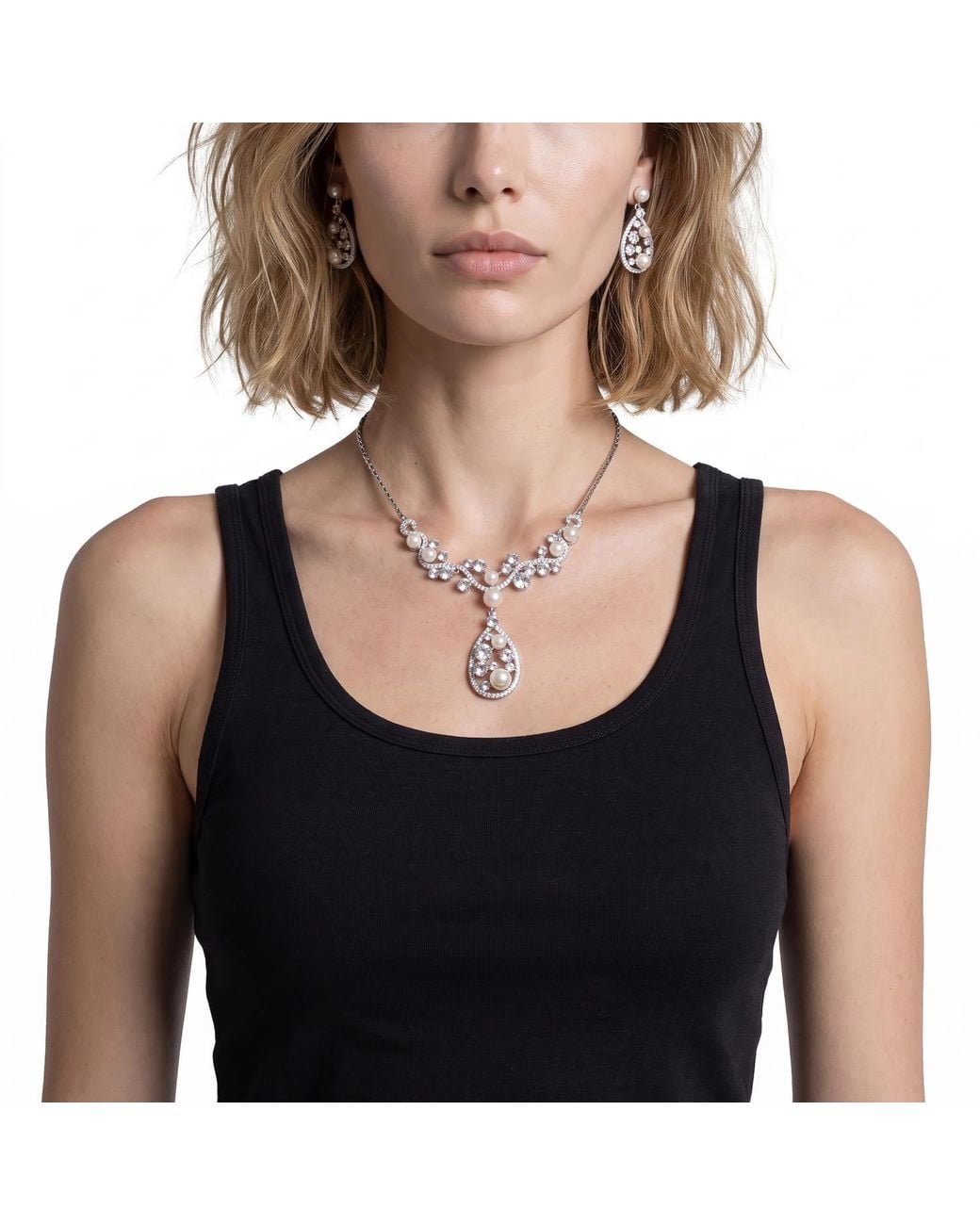 Modenaire Metallic Elegant Pearl And Crystal Teardrop Necklace Set