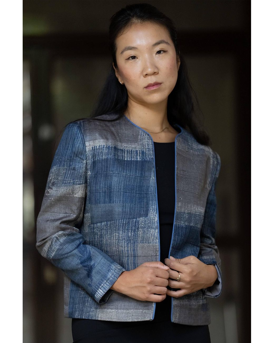 Stovaria Blue Handblock Printed Pure Tussar Silk Statement Jacket
