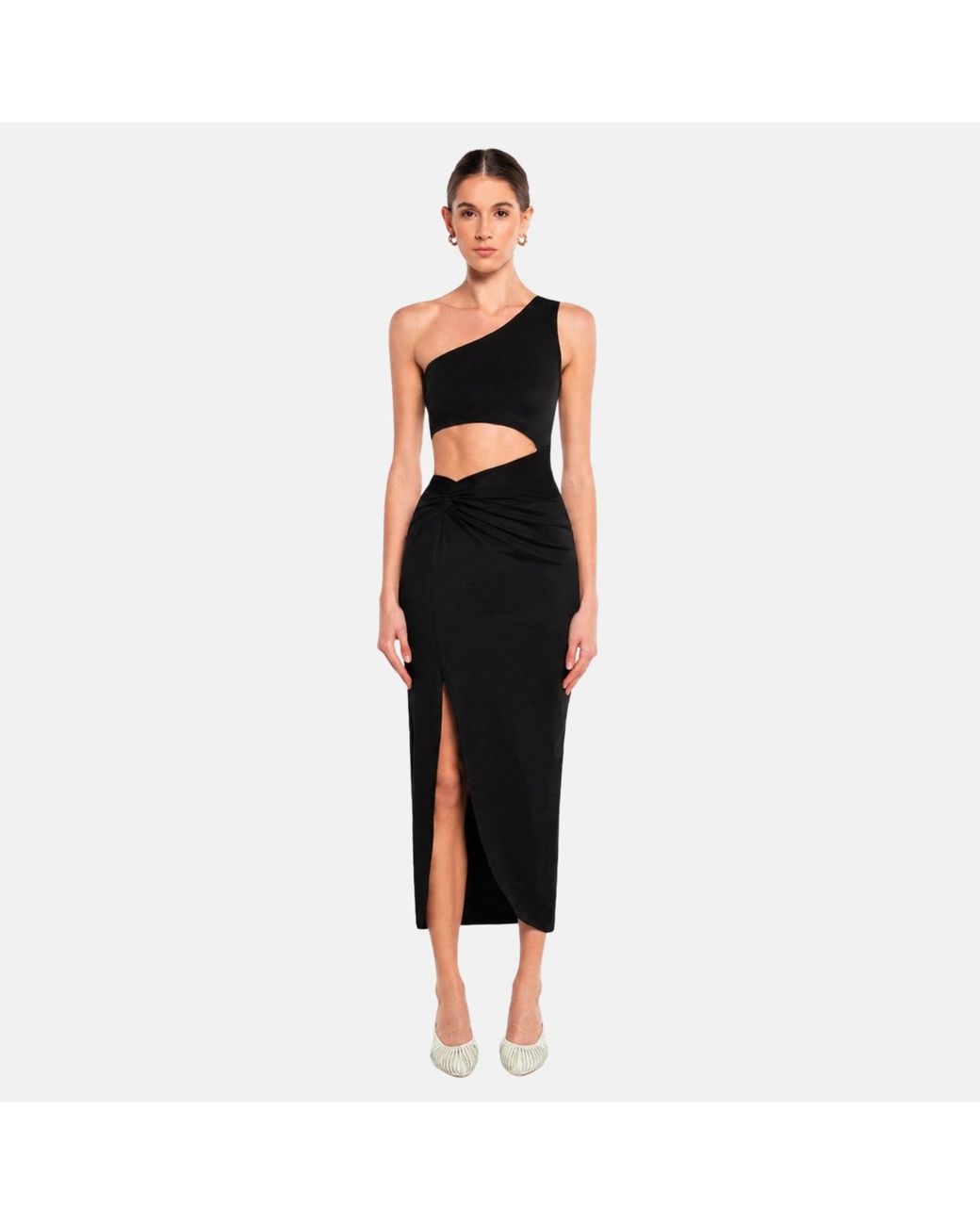 OW Collection Black Isabella One Shoulder Cut Out Midi Dress