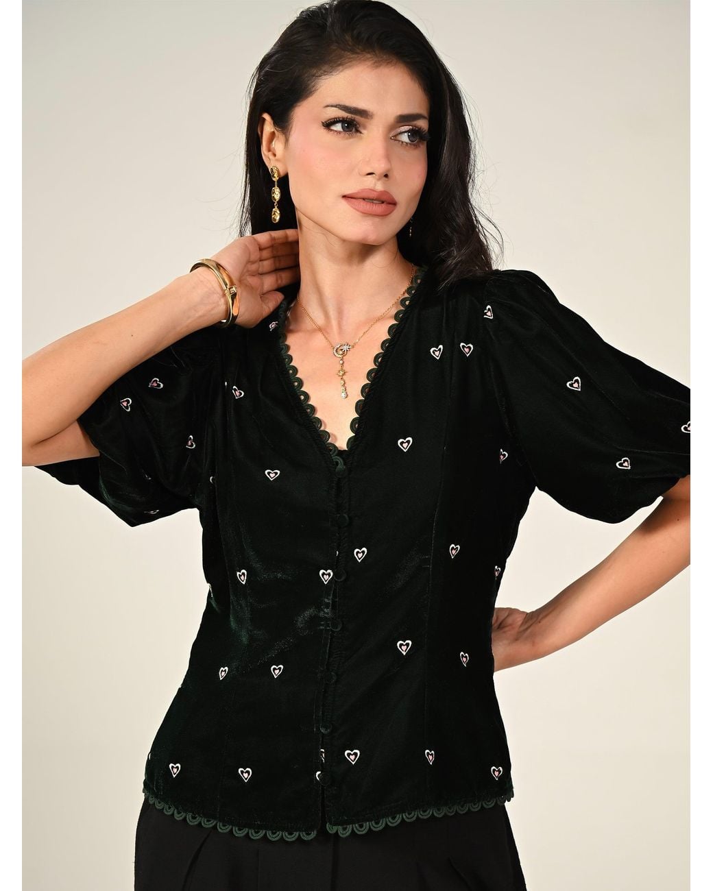 Rose & Nancy Black Illy Embroidered Heart Velvet Top