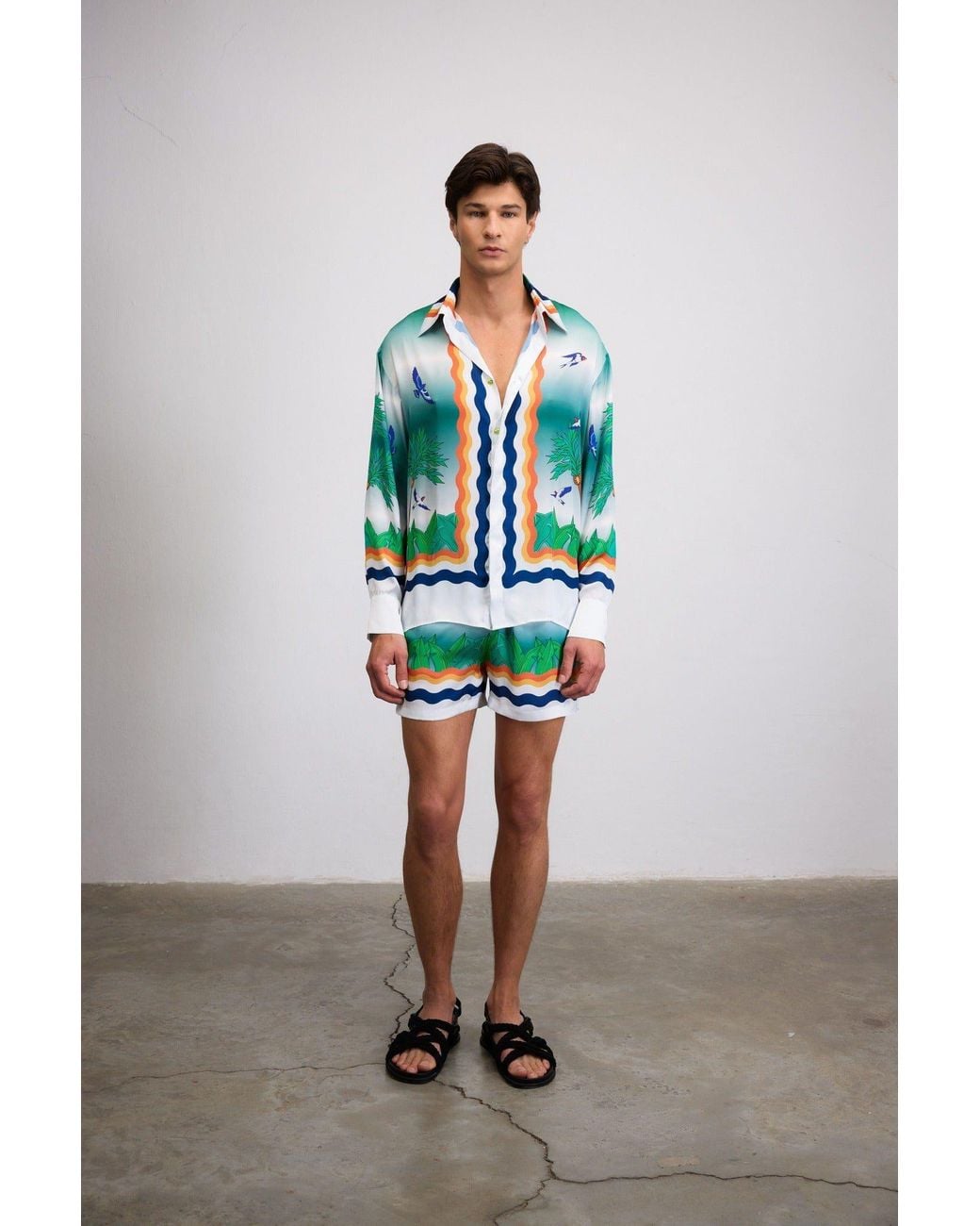 Je Te Veux Green Wave Printed Sail Away Drawstring Shorts for men