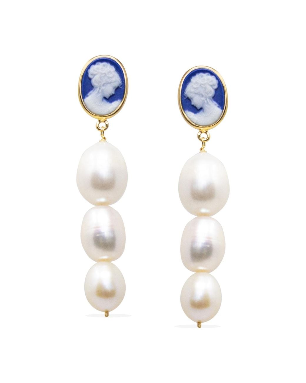 Vintouch Italy Blue Portrait Of A Girl Cameo And Pearl Earrings