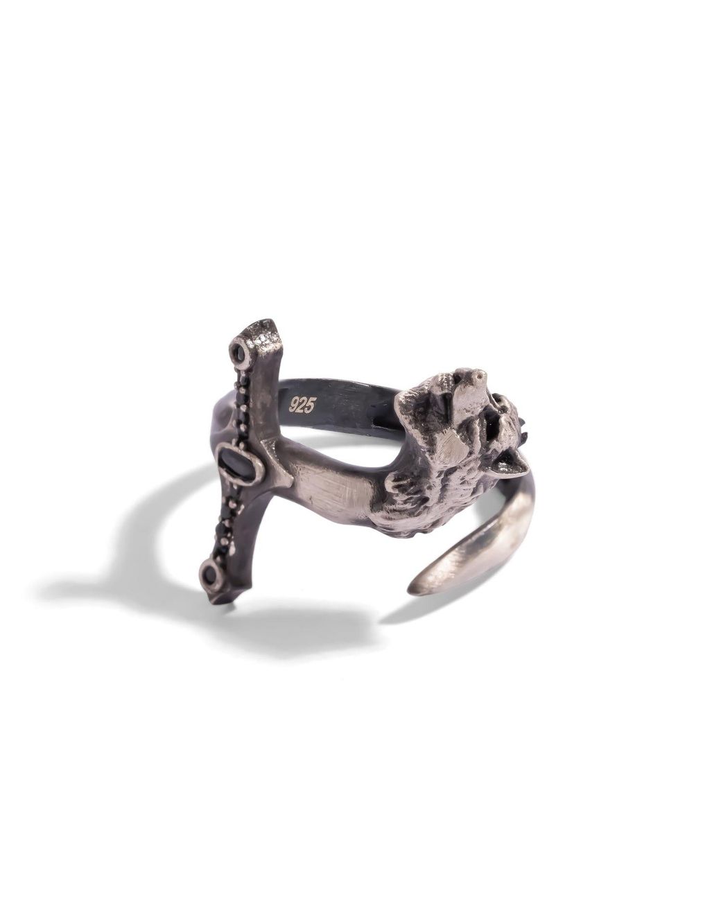 Ebru Jewelry White Wolf Sword Zircon Oxidized Sterling Ring for men