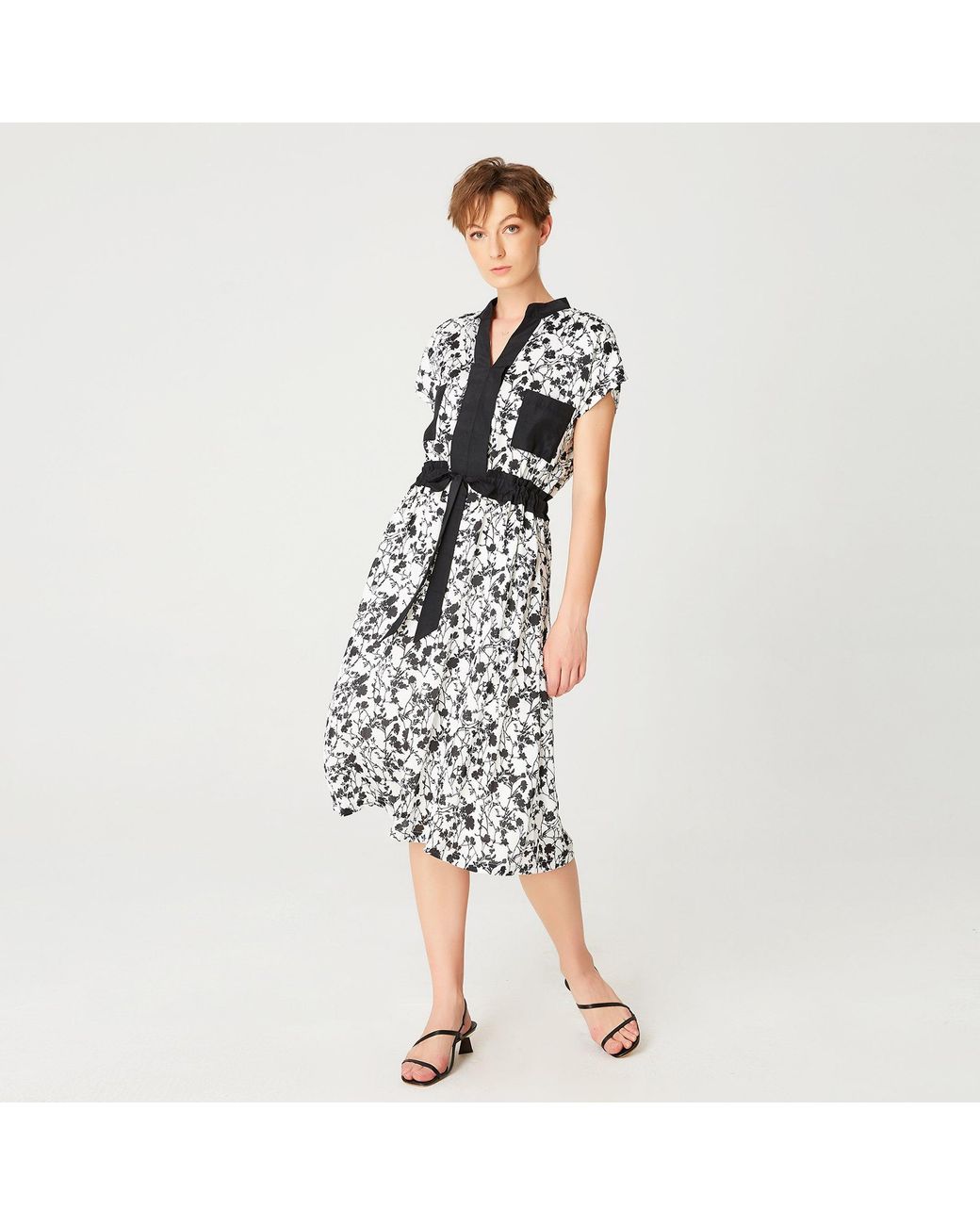 Smart and Joy Black Bi-Material Dress With Monochrome Floral Print And Drawstring Belt