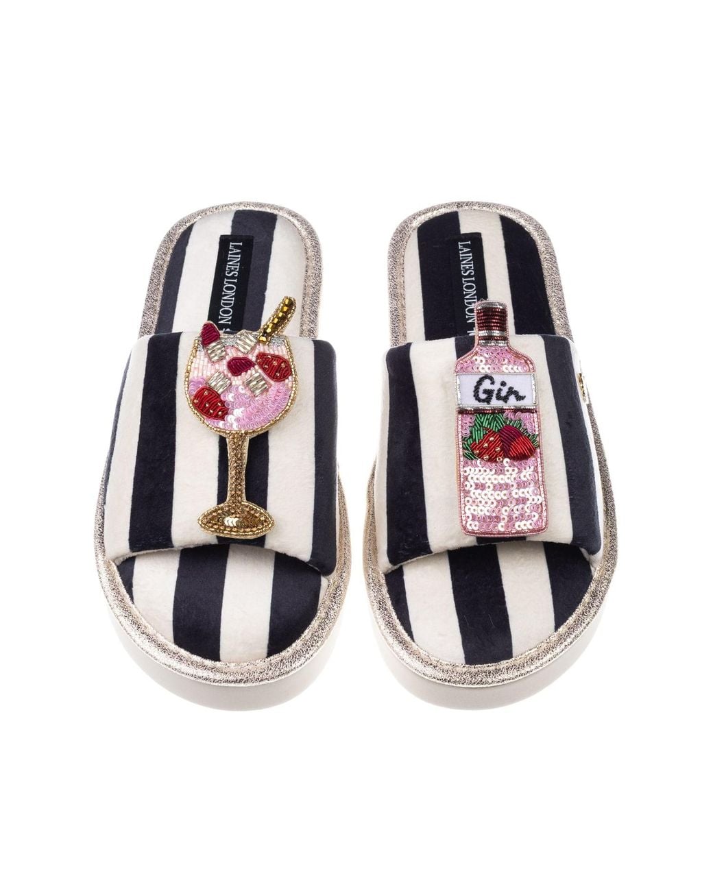 Laines London Multicolor Flatform Stripe Open Toe Slippers With Gin Brooches