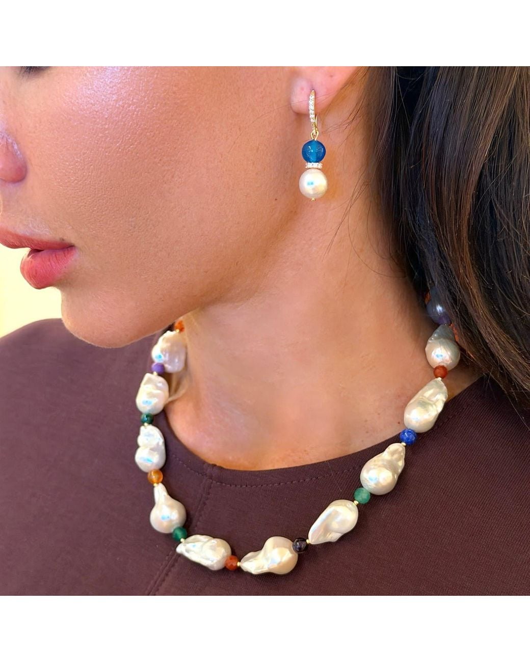 Farra Blue Amethyst And Agate With Freshwater Pearl Dangle Earrings