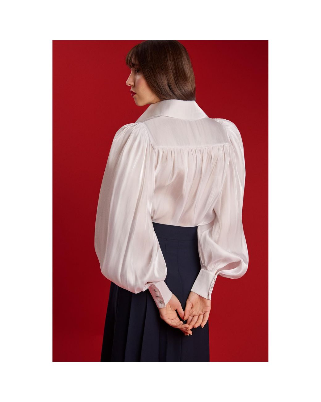 Femponiq White Puff Sleeve V-Neck Gathered Shirt