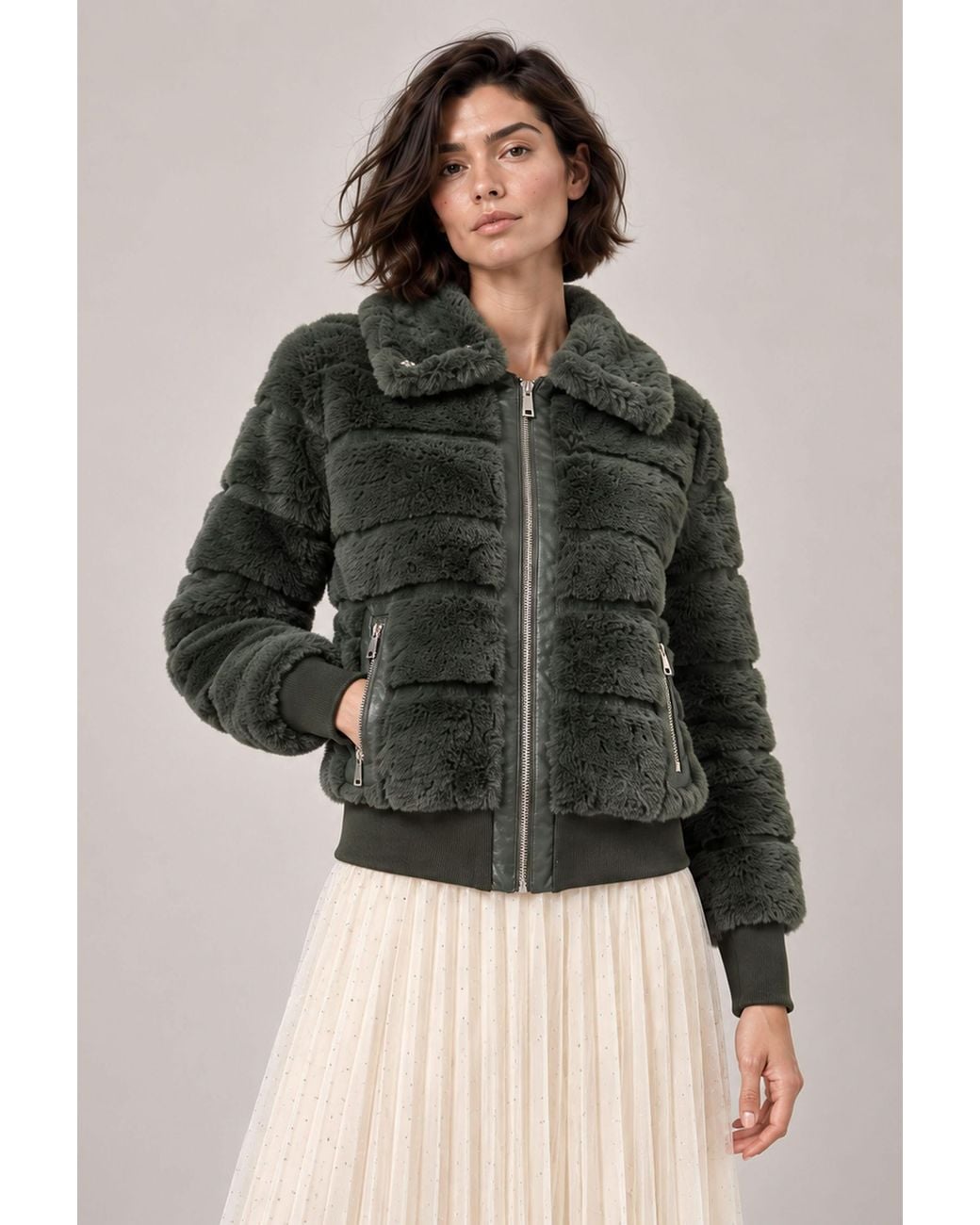 James Lakeland Green Panelled Faux Fur Jacket