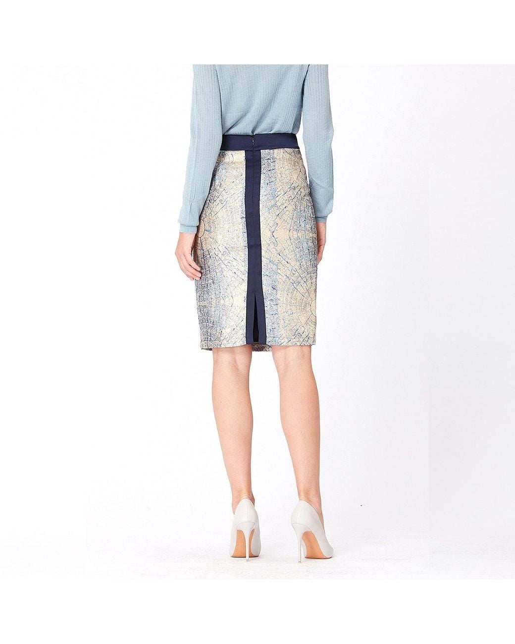 Smart and Joy Blue Bi-Material Brocade Short Skirt