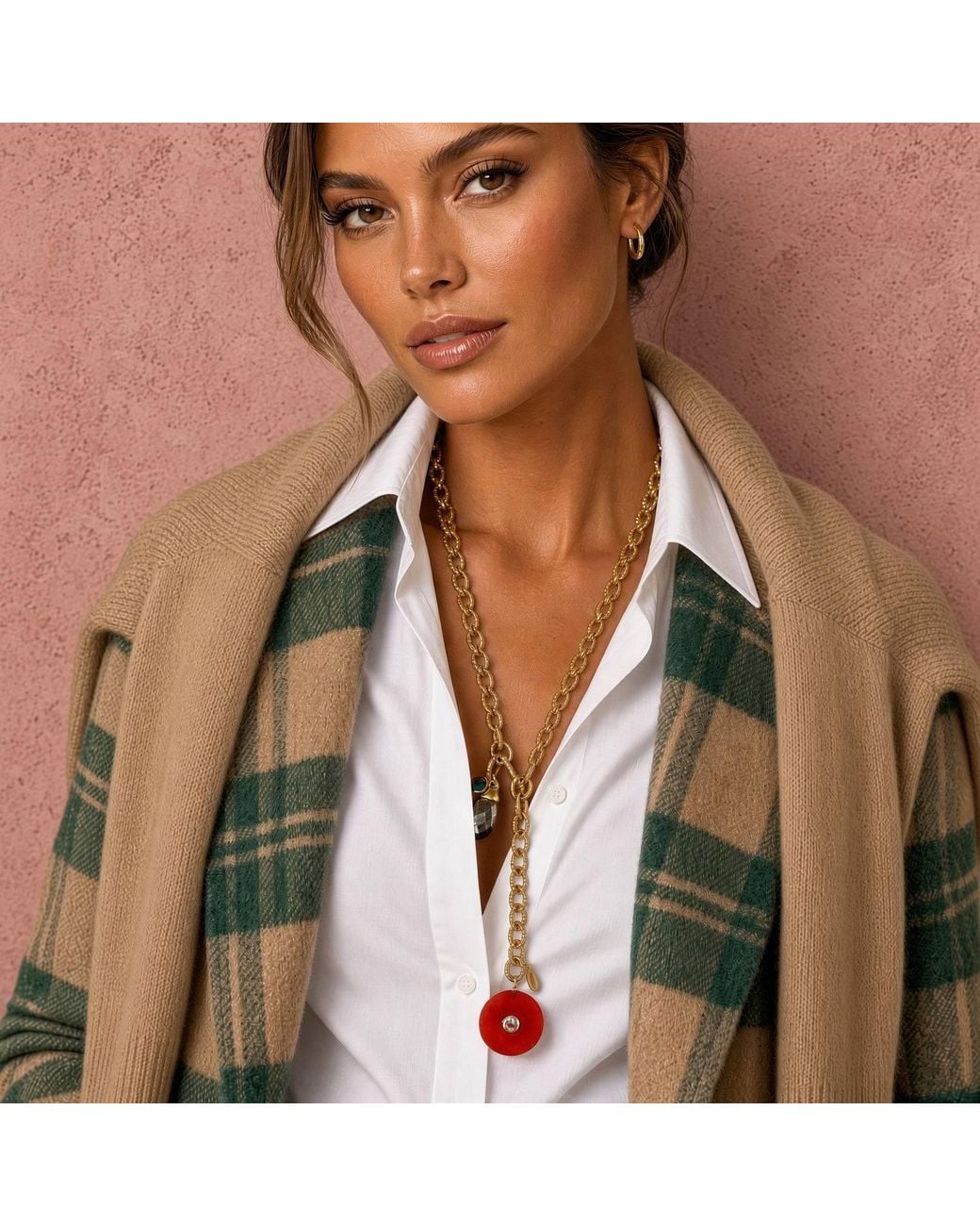 Persia Dona Jewelry Metallic Vintage Chain X Carnelian Circle Necklace
