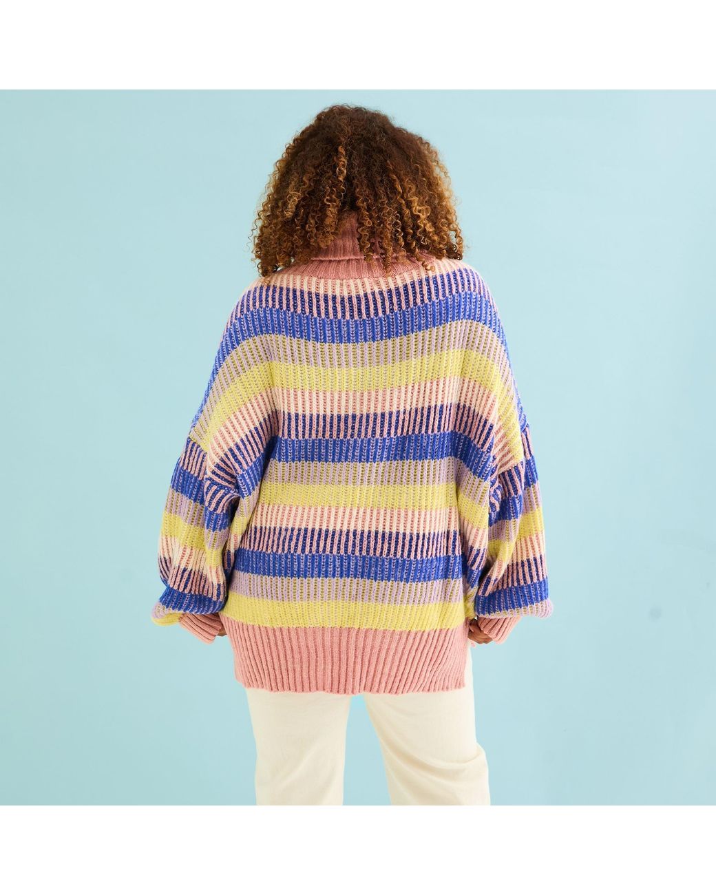 Cara & The Sky Blue Tasha Oversized Balloon Sleeve Stripe Roll Neck Jumper