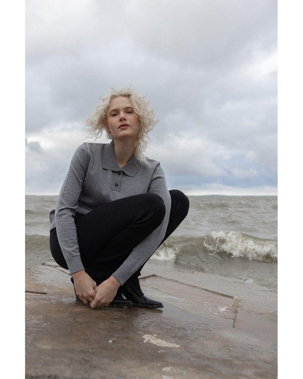 SALANIDA Gray Galante 100% Merino Polo Top Light