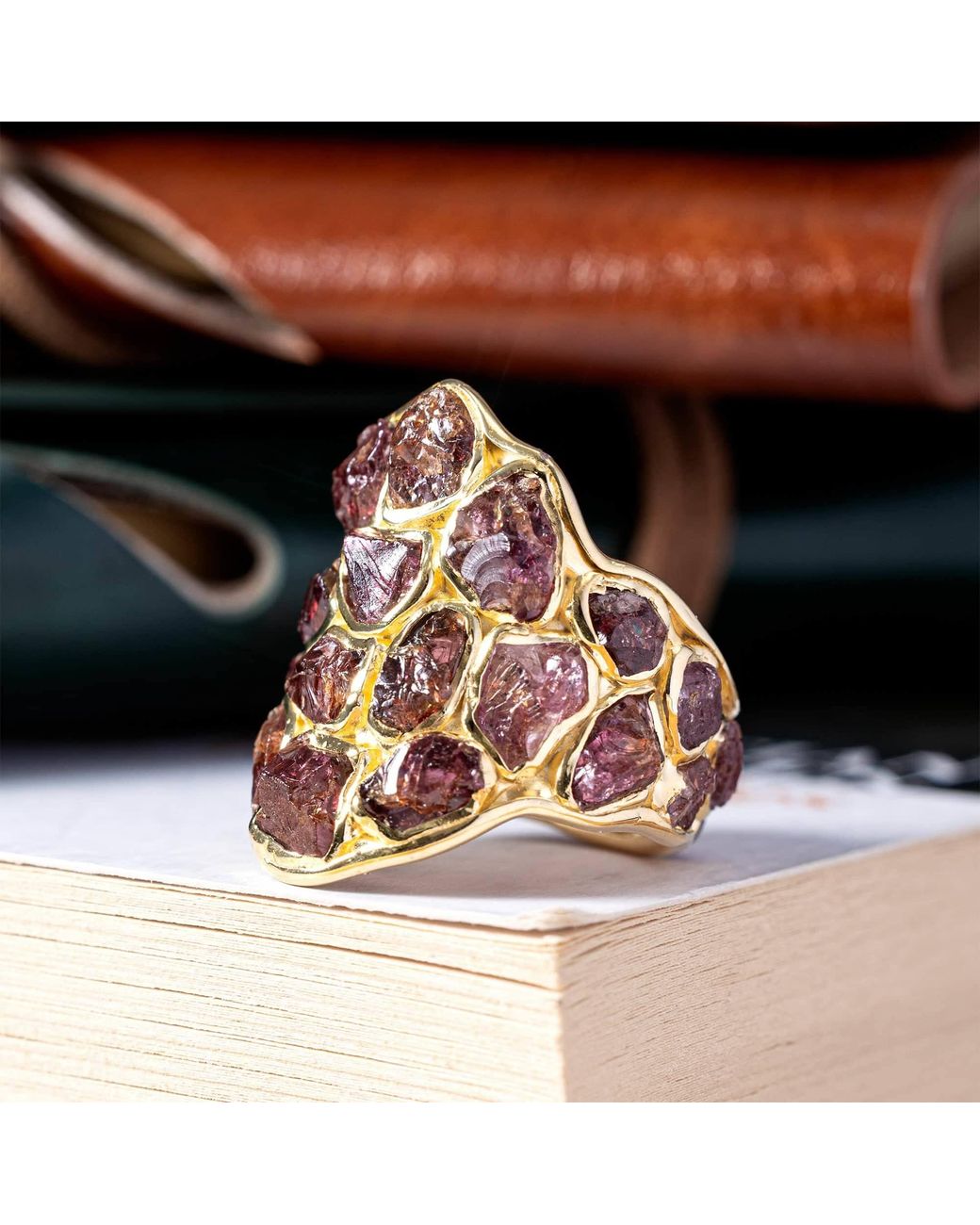 German Kabirski Metallic Kelea Handcrafted Plated Ring With Rough Garnet
