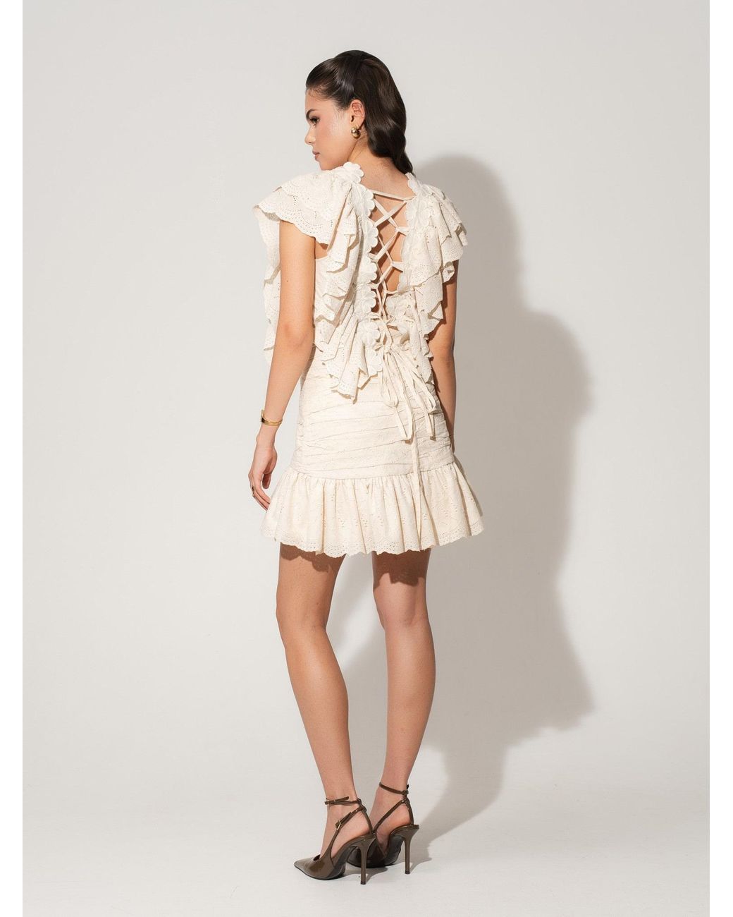 Tia Dorraine Natural Neutrals Ruffled Open Back Top & Ruched Mini Skirt Set