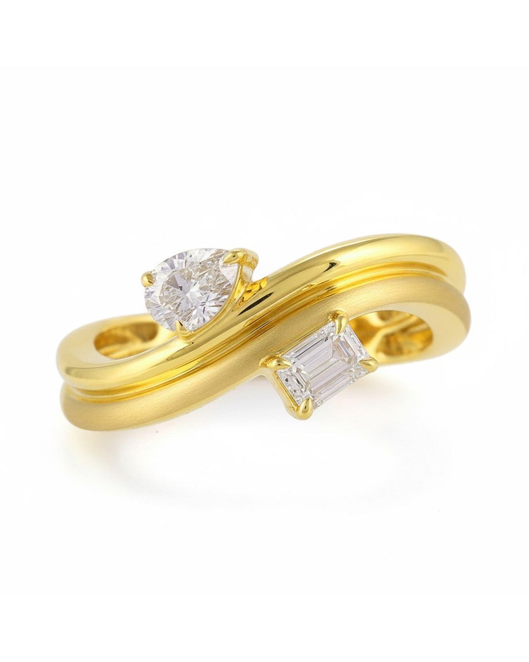 Artisan Metallic 14K Emerald Cut & Pear Shape Diamond Designer Ring