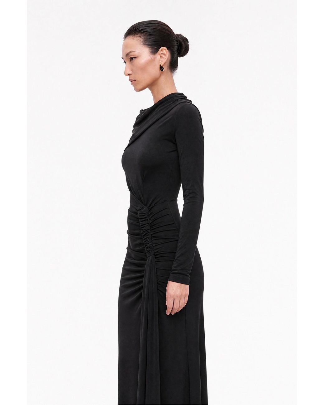 Nocturne Black Asymmetric Neck Draped Maxi Dress