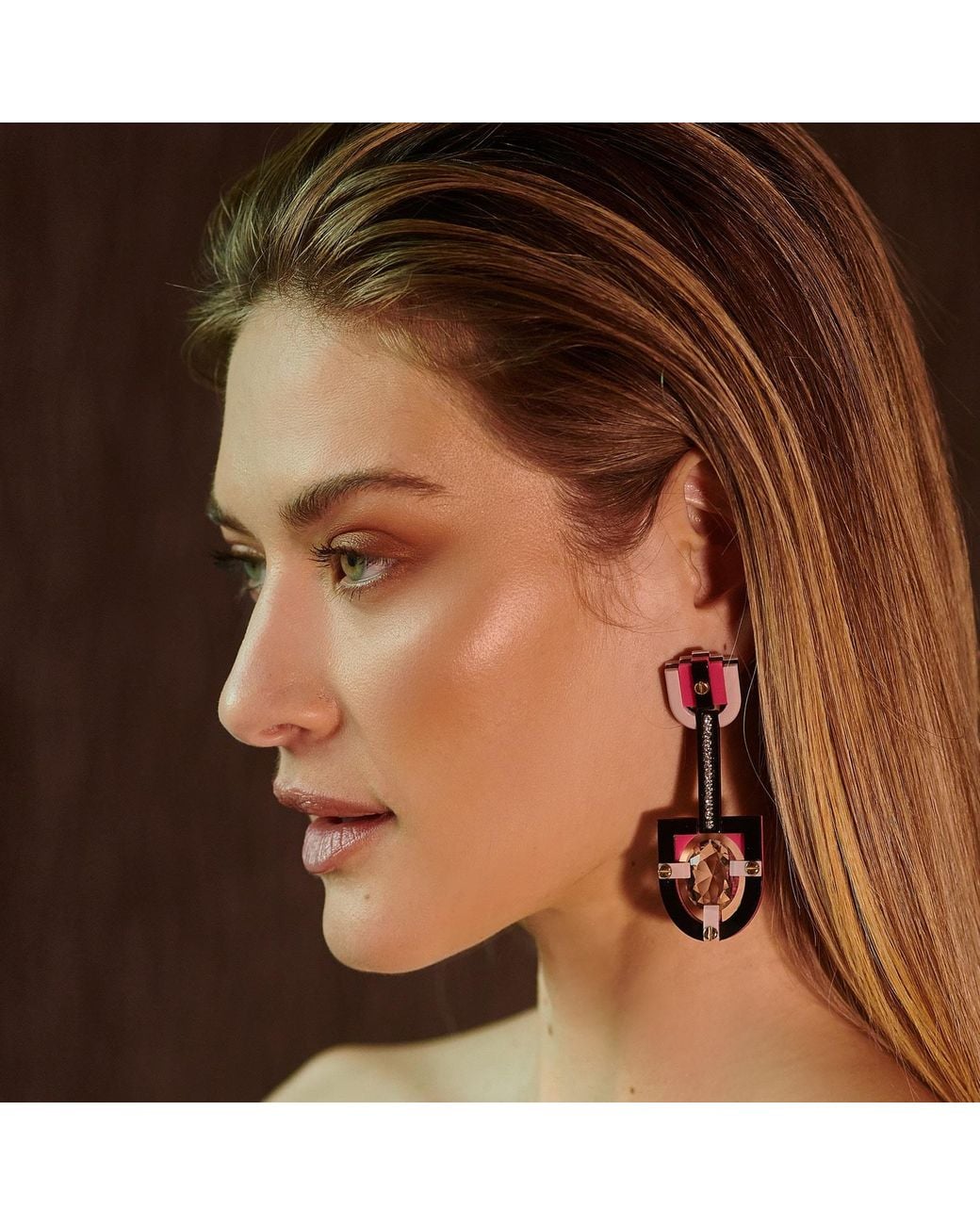 Gissa Bicalho Green Handmade Acrylic Earring Long Oval Cut Stone Clay