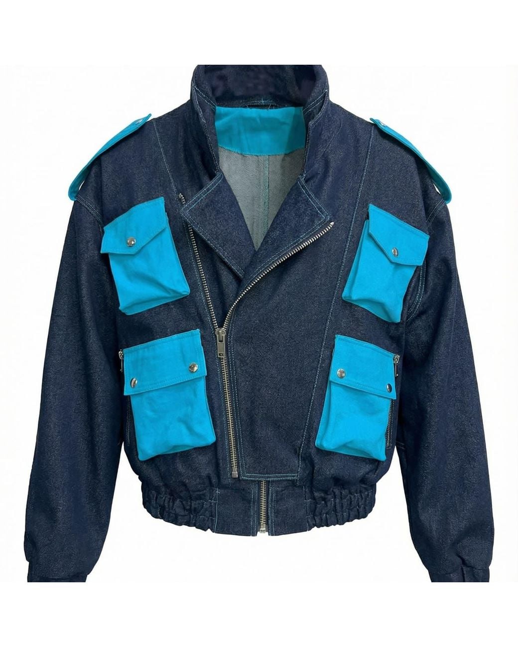 Zasta Studio Blue Zodiac Aries Denim Embroidered Bomber Jacket