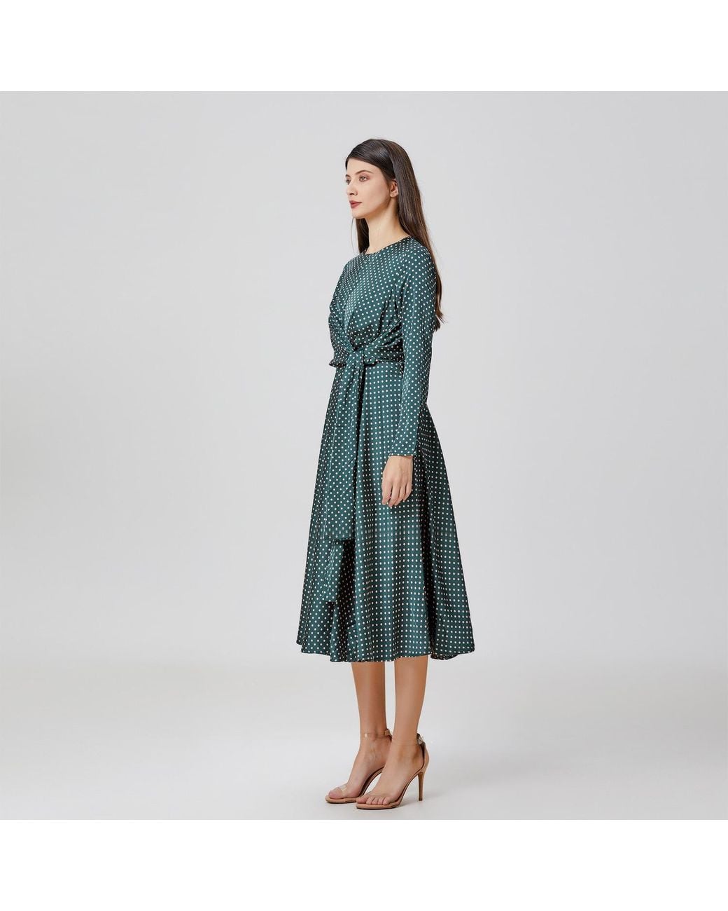 Smart and Joy Black Flared Printed Satin Dress With Side Knotted Panel