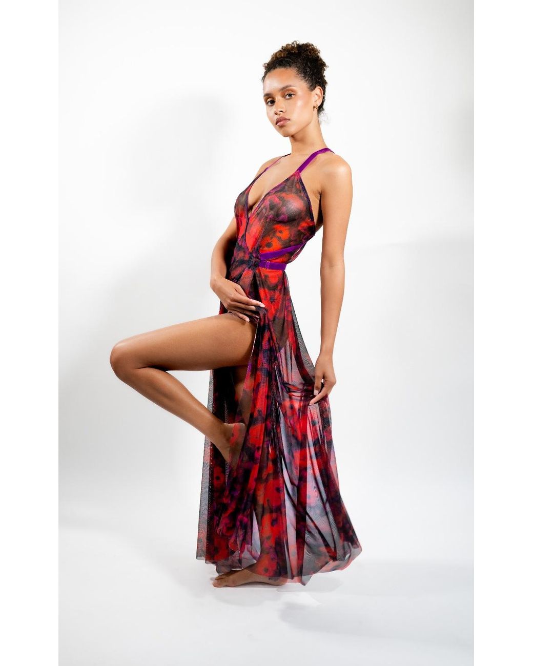 Carol Coelho Red The Poppy Printed Tulle Gown