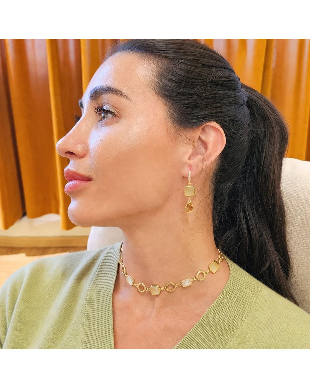 Farra Metallic Prehnite And Moonstone Charms Choker Necklace