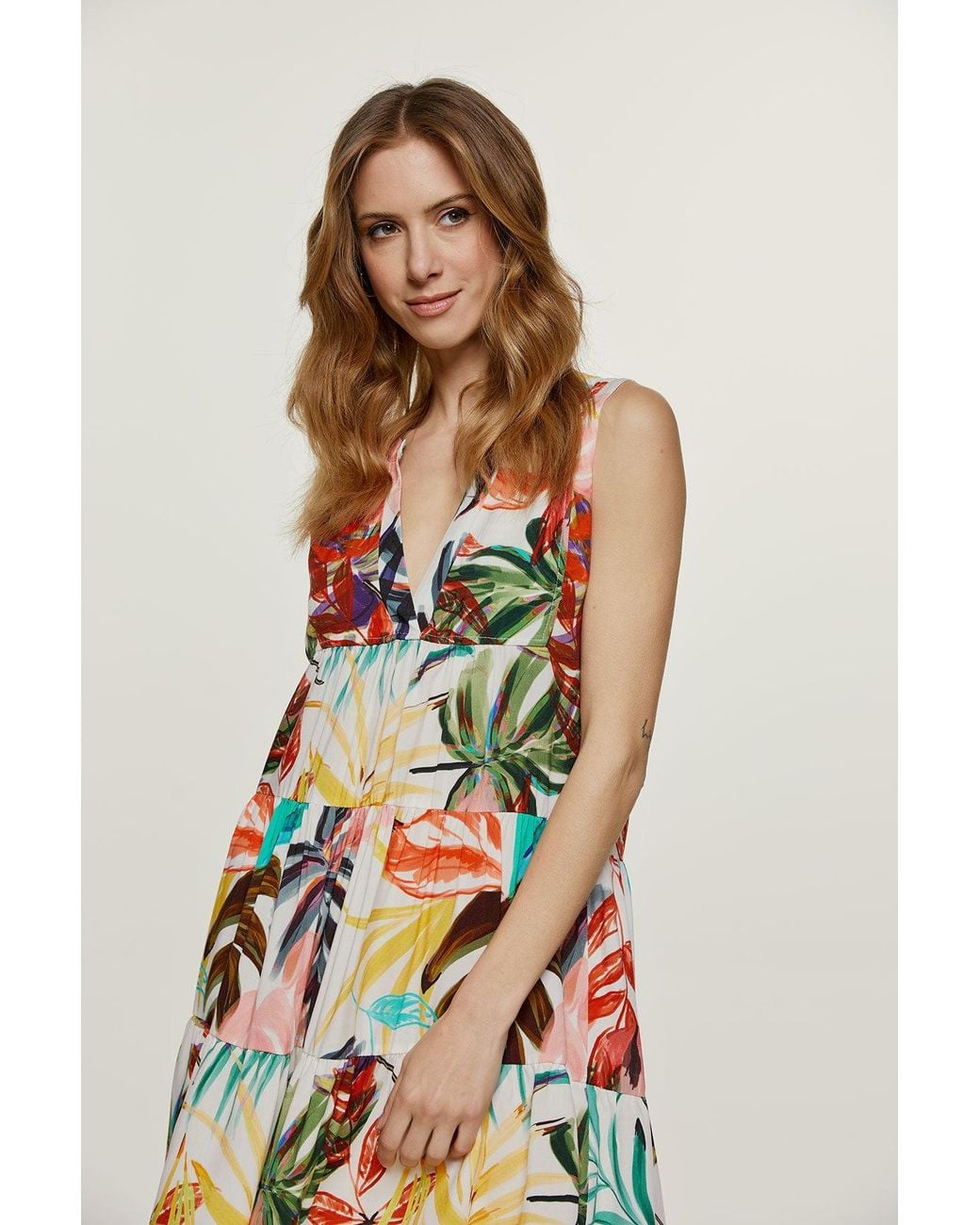 Conquista Natural Neutrals Ecru Leaf Print Sleeveless Dress