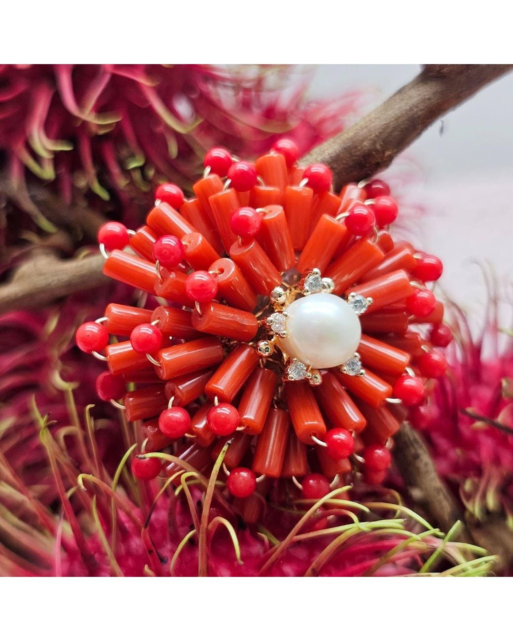 Farra Red Flower Handcrafted Bamboo Coral Brooch
