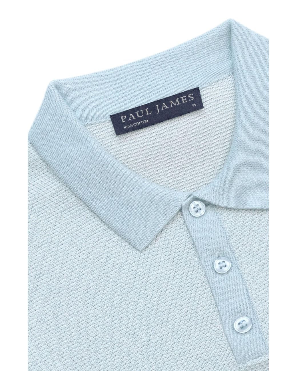 Paul James Knitwear Blue Lightweight Cotton Pietro Two Tone Textured Polo Shirt for men