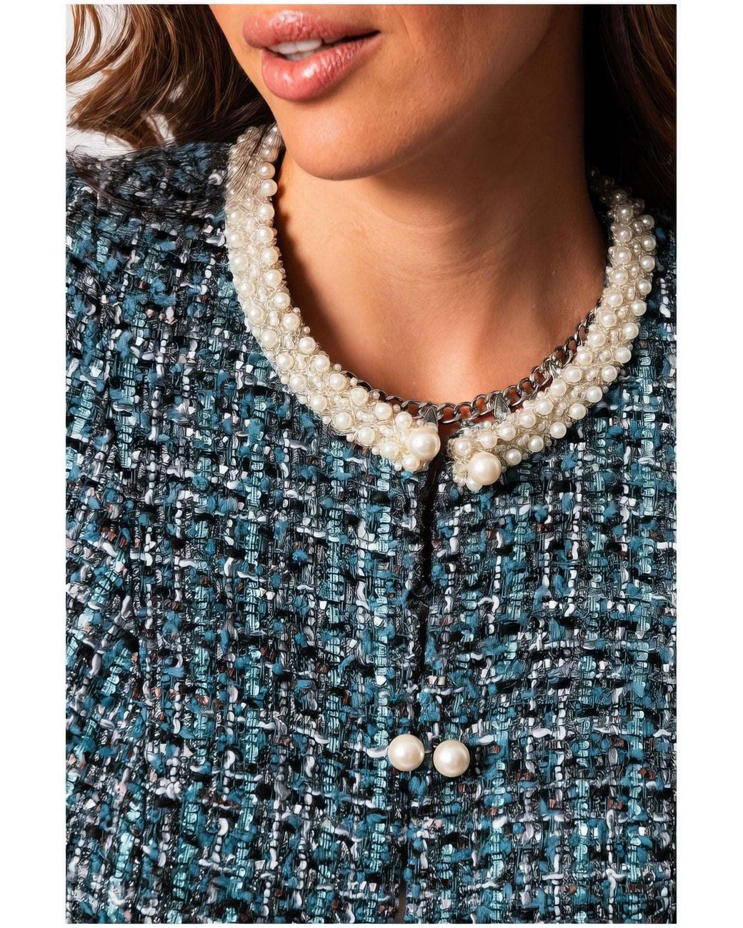Luna Fashion House Blue Tweed Blazer With Pearl Trim, Rhea