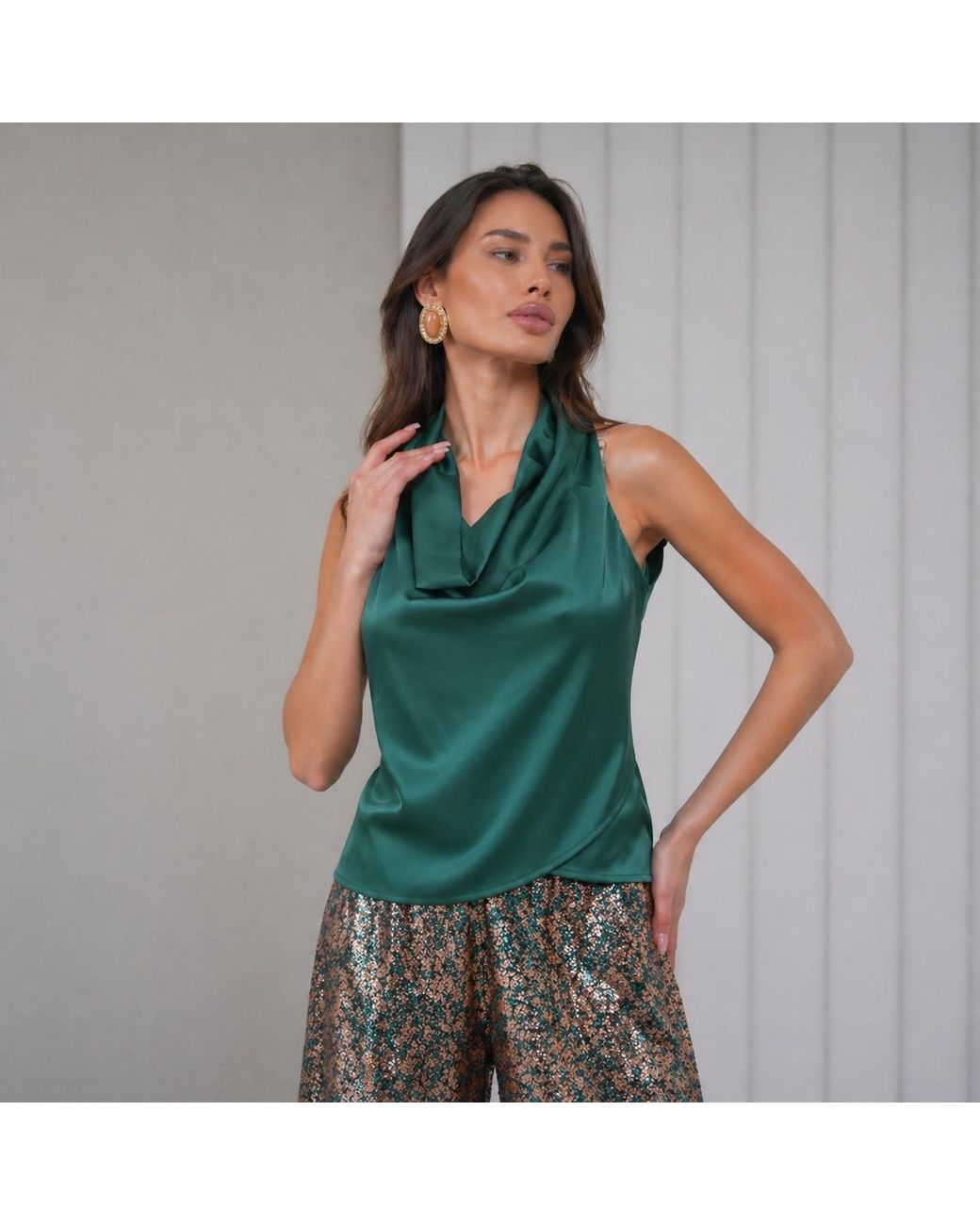 Lumina Eligma Green Cascade Silk Cowl Top