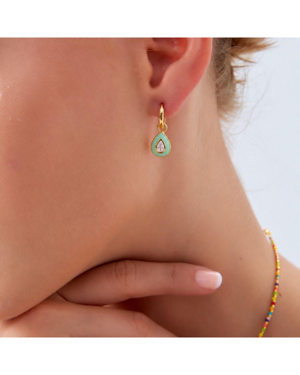 Spero London Metallic Enamelled Jewelled Sterling Drop Hoop Earring