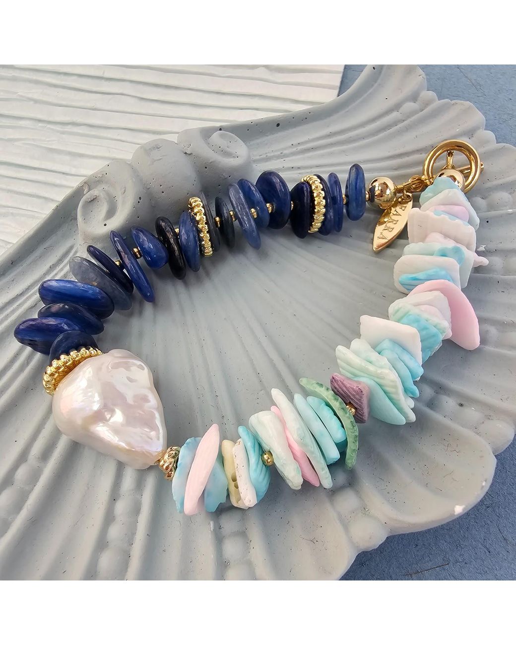 Farra Blue Kyanite And Colorful Shell With Baroque Pearl Necklace Bracelet Earrings Set