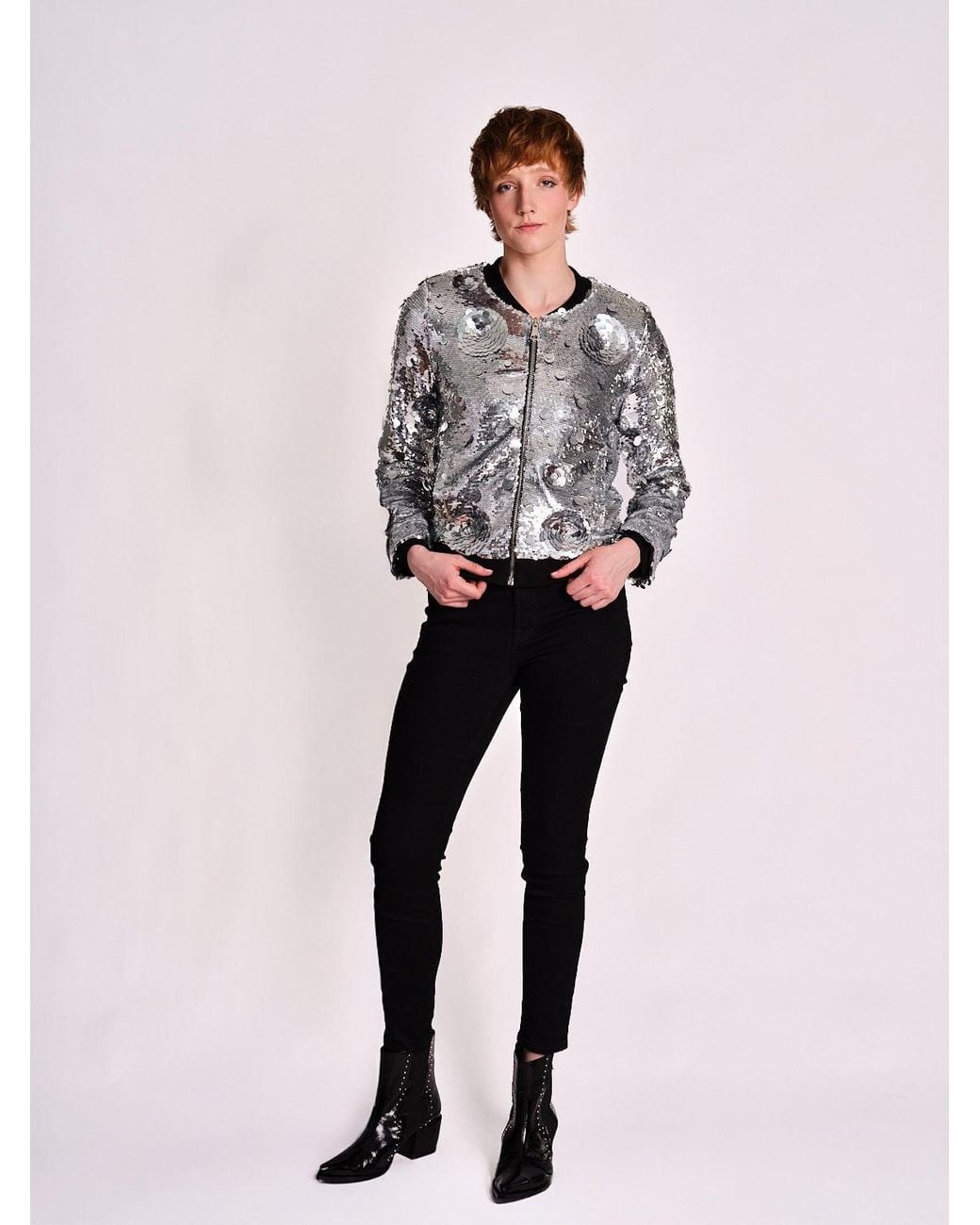 Any Old Iron Gray Petal To The Metal Sequin Bomber Jacket