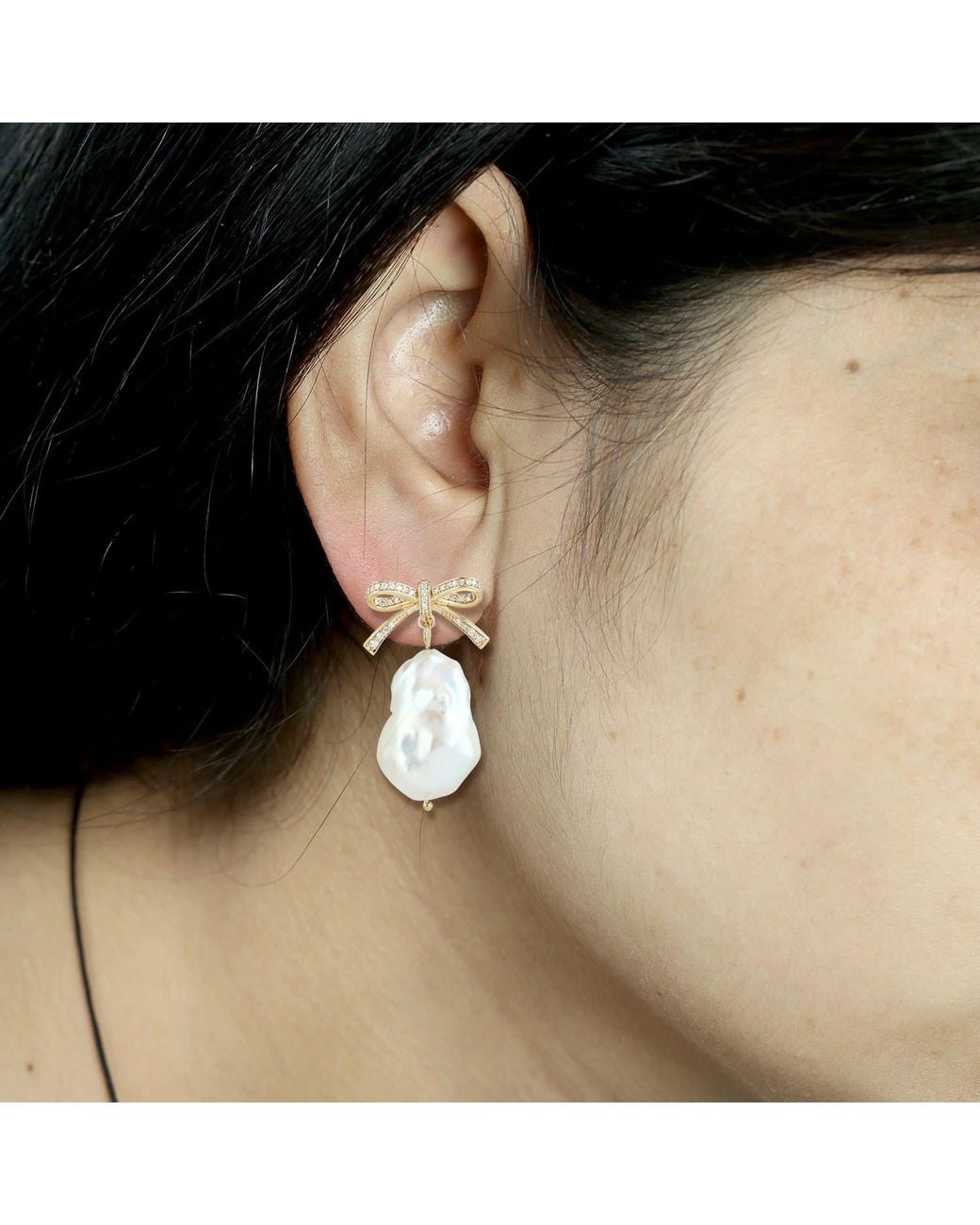 Artisan Metallic 18K Uneven Pearl & Diamond Bow Drop Earrings