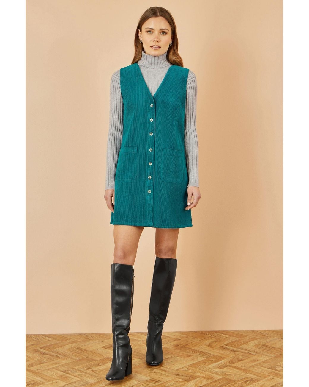 Yumi' Blue Cord Button Through Pinafore Dress With Pockets