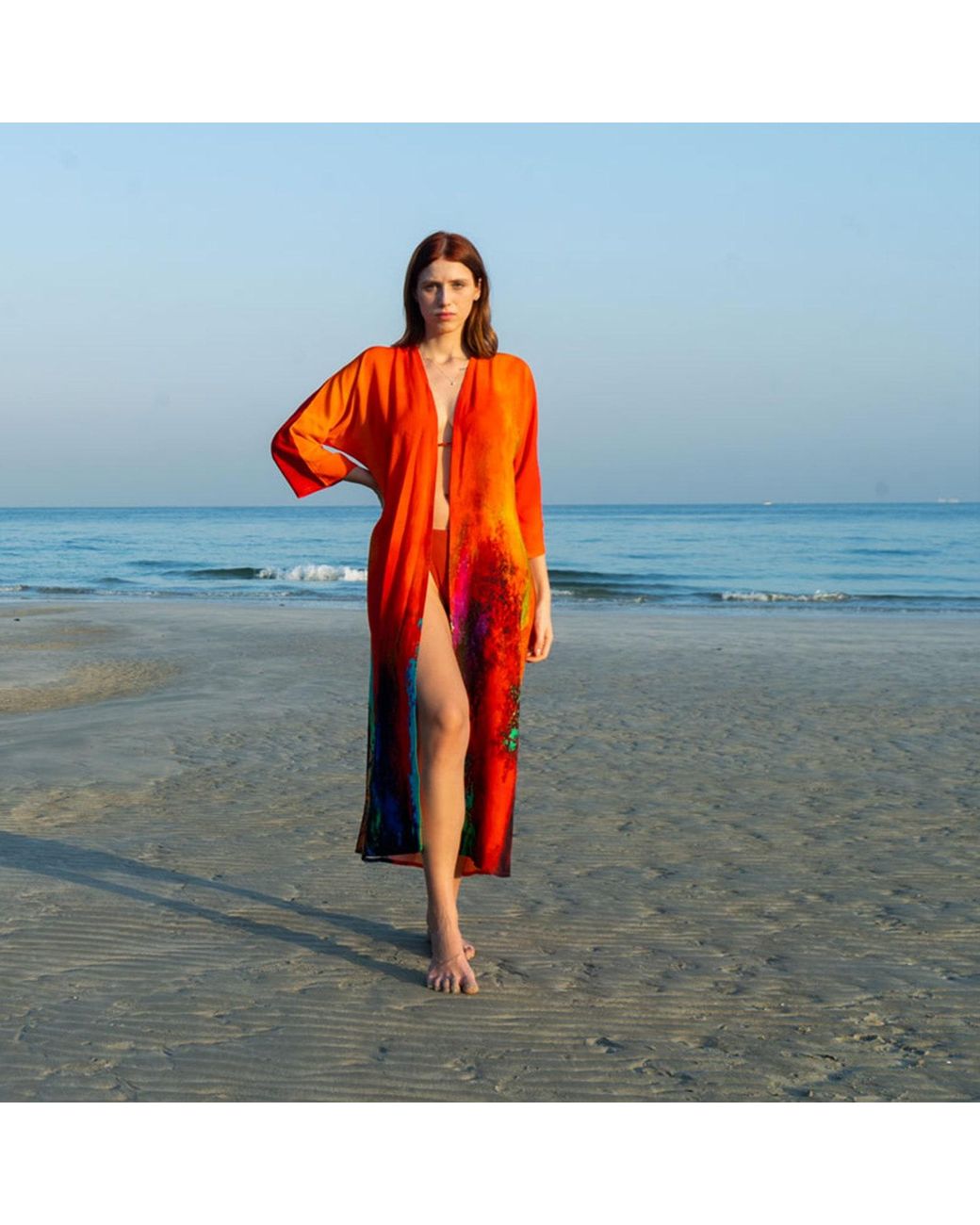DHARA SHETH DUBAI Red Roar Tiger Animal Print Abstract Long Kimono