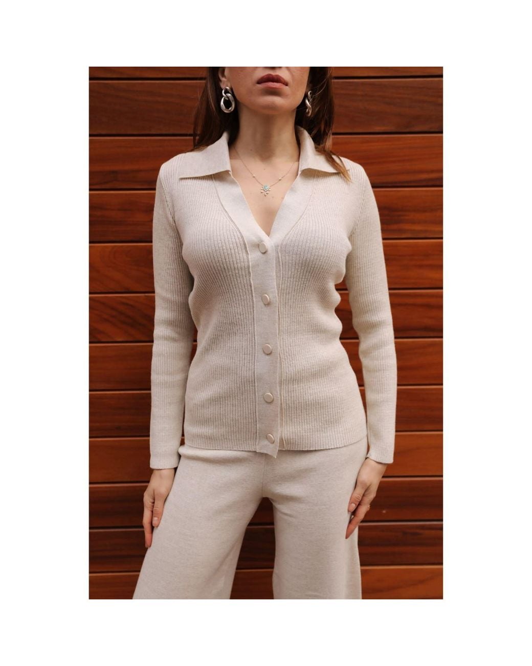 Peraluna Natural Neutrals Polo V-Neck Ribbed Knit Cardigan