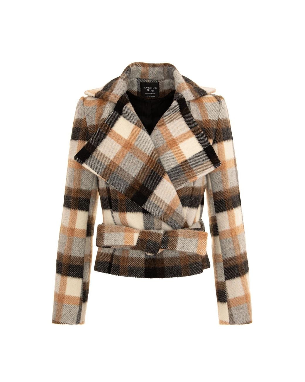 AVENUE No.29 Multicolor Neutrals Checked Wool Double Breasted Wide Lapel Jacket With Belt