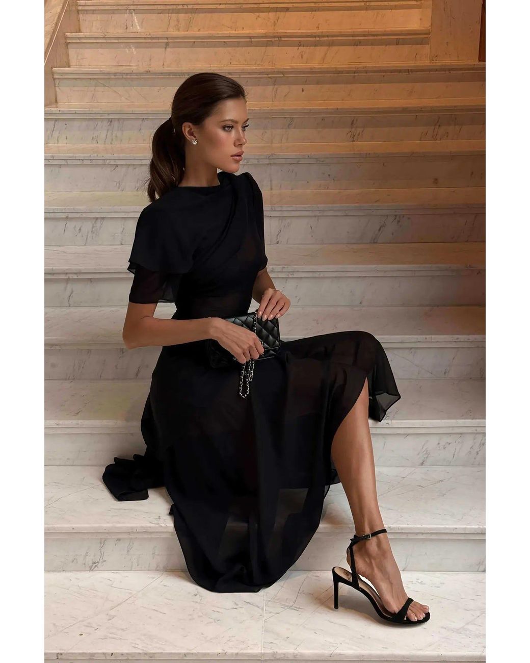 POST MERIDIEM Black Chiffon Asymmetrical Midi Dress