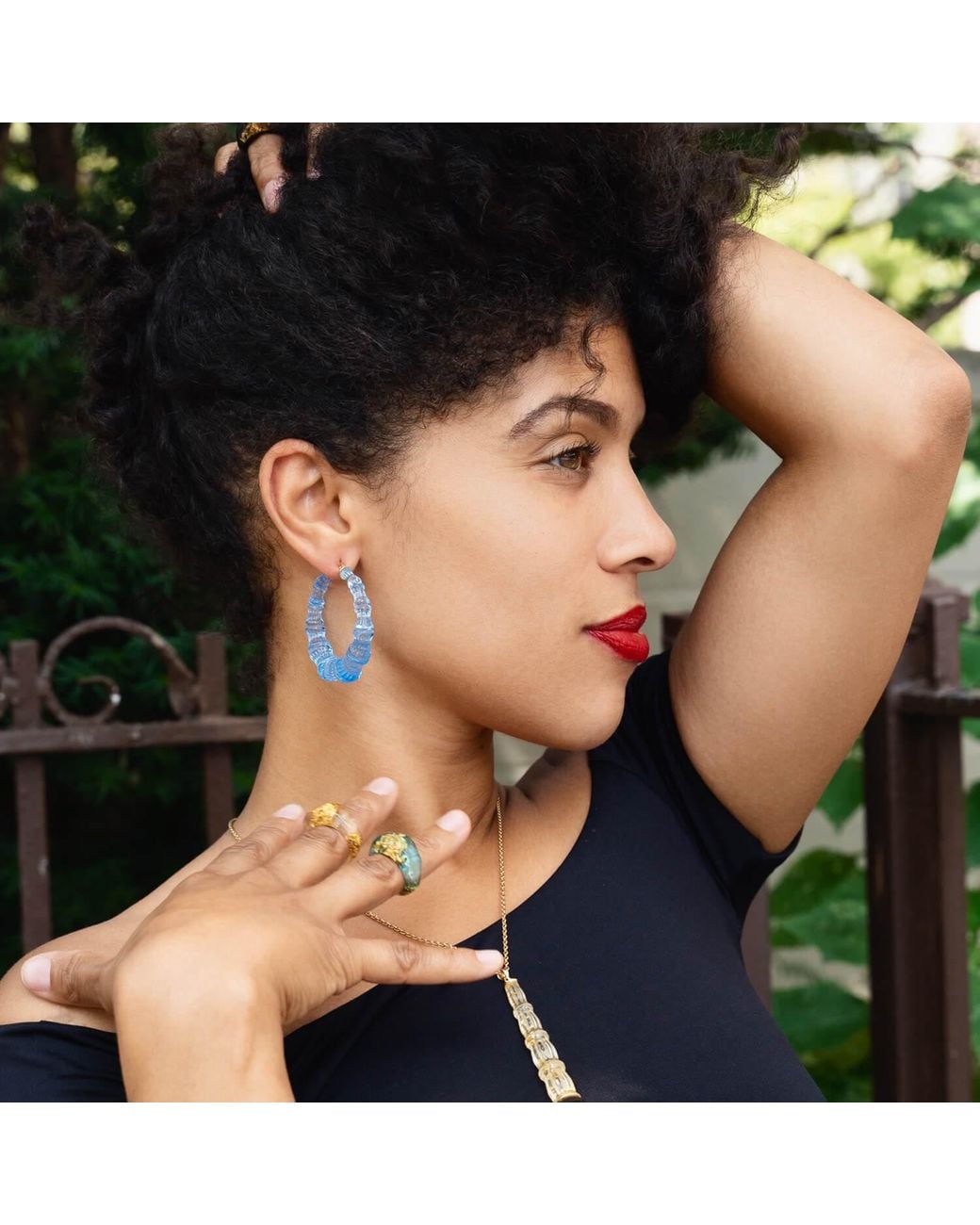 Gold & Honey Blue Bamboo Hoop Earrings