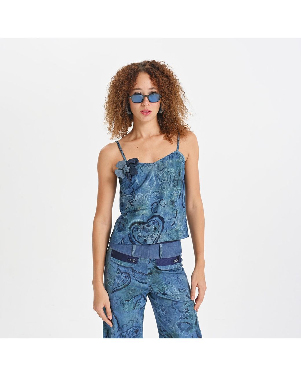 Lalipop Design Blue Stylised Floral Denim-Look Wide-Leg Pants