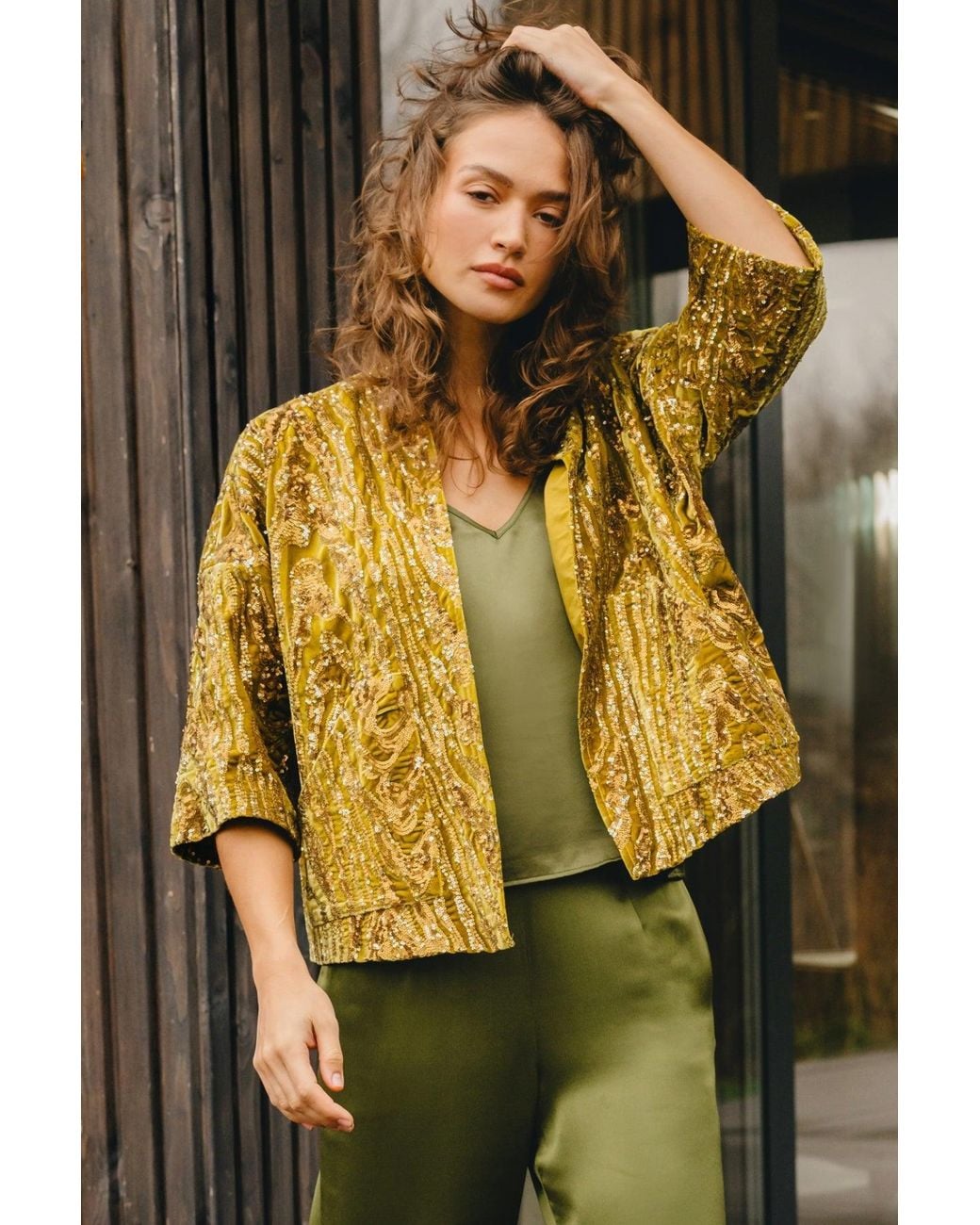 Traffic People Yellow Not Too Shy Velvet Sequin Relaxed Jacket