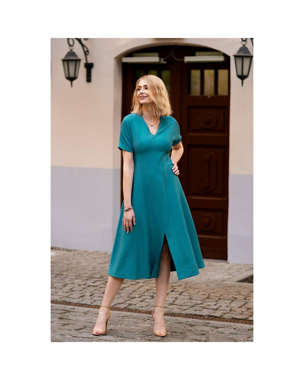Oh!Zuza Blue Echo Viscose Midi Dress Short Sleeve With Pockets