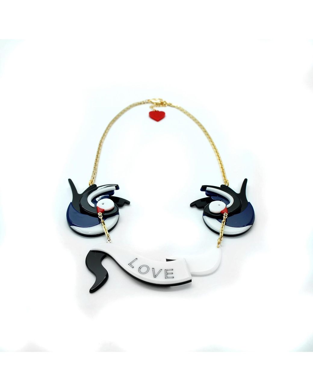 Gissa Bicalho Black Handmade Acrylic Necklacce Swallows And Ribbon