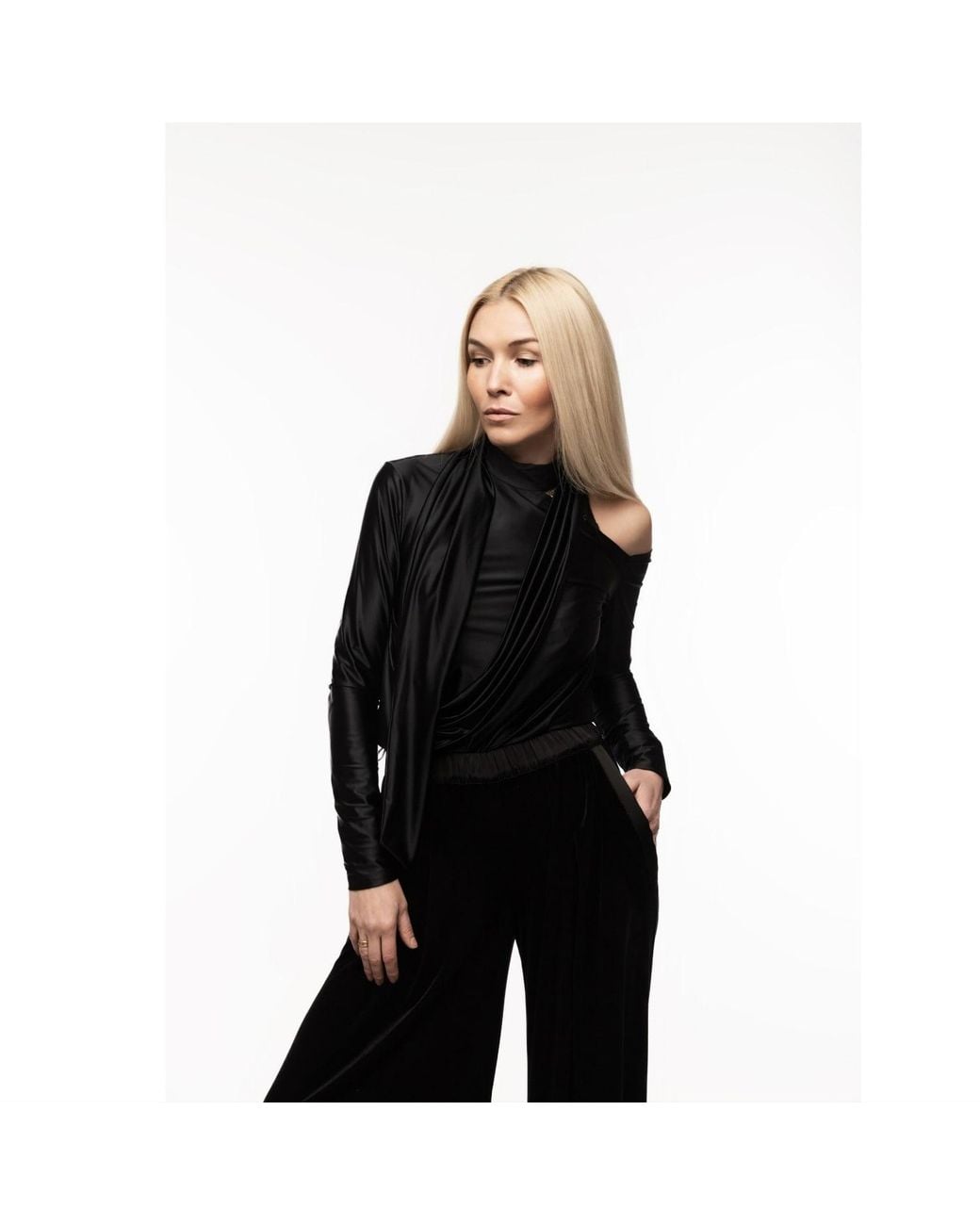 Julia Allert Black Wide-Leg Velvet Trousers With Satin Details