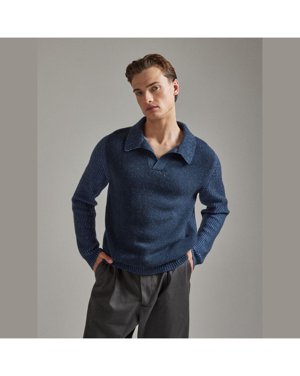 Salts Cashmere Blue Polo Sweater With Fishermens Rib Detailing